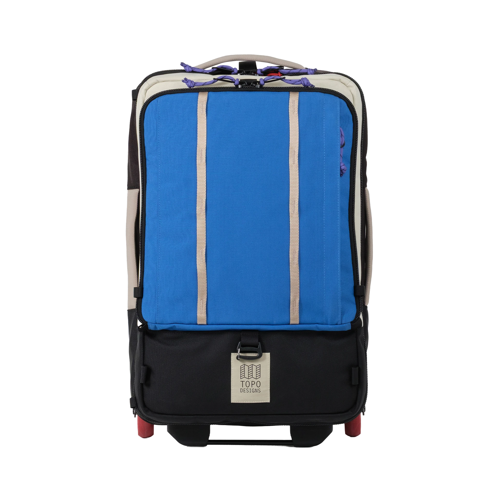 Front view of Topo Designs Global Travel Bag Roller in "Classic Blue / Bone White"