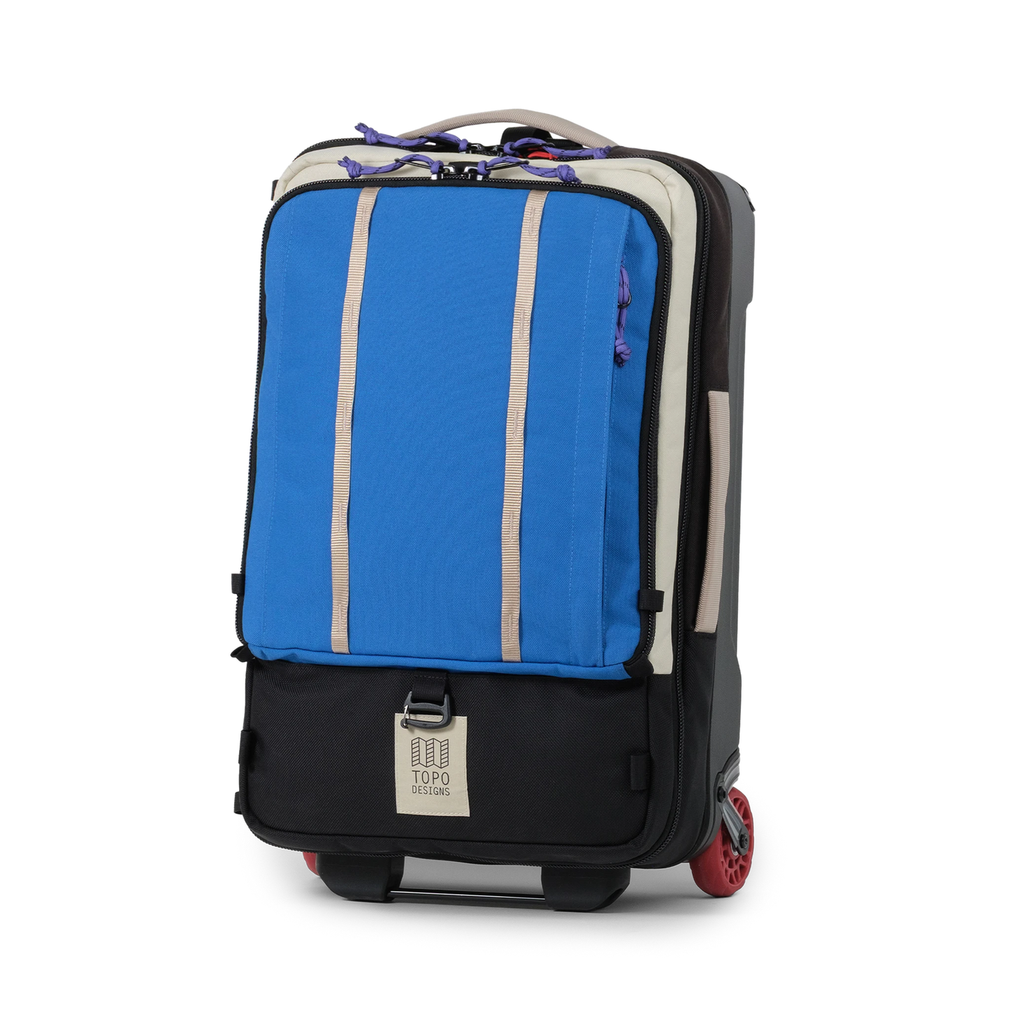 Front view of Topo Designs Global Travel Bag Roller in "Classic Blue / Bone White"