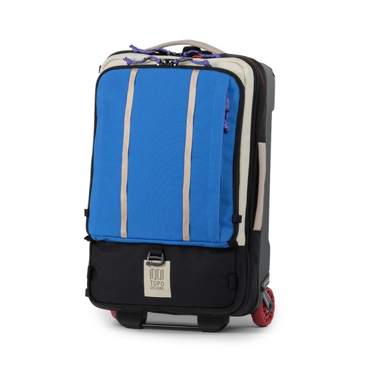 Front view of Topo Designs Global Travel Bag Roller in "Classic Blue / Bone White"