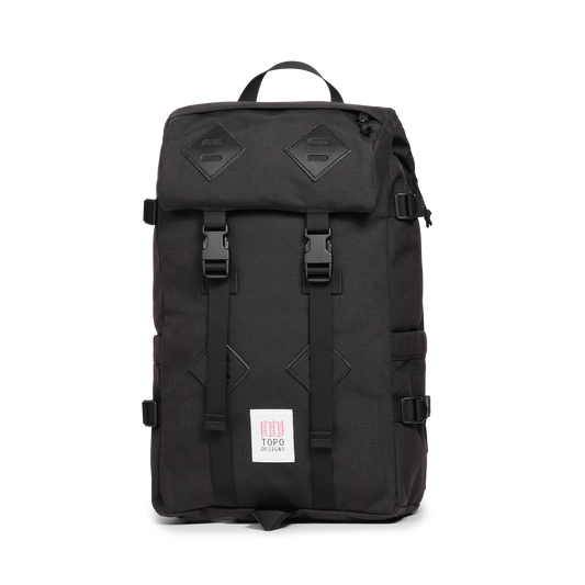 Quarter view of Topo Designs Klettersack Classic vintage-inspired rucksack backpack in "Black".