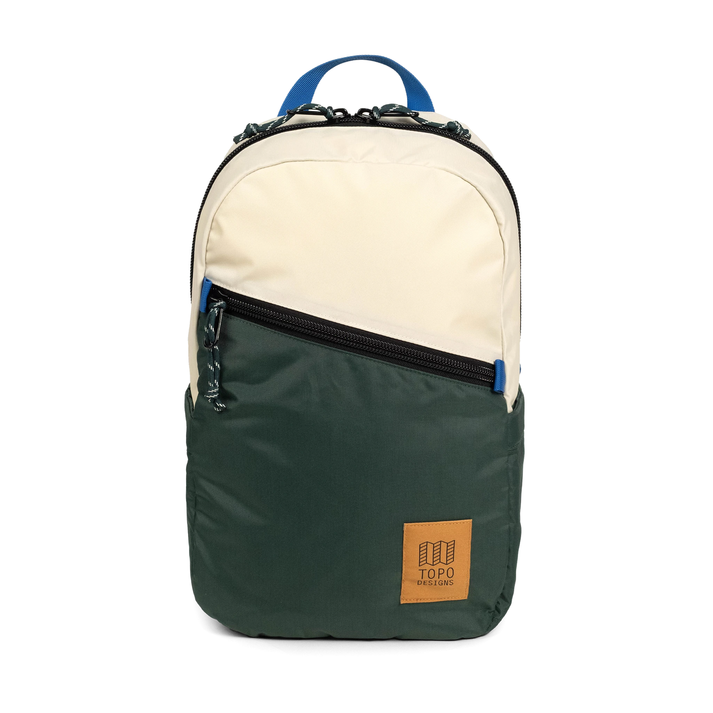 Front view of Topo Designs Light Pack in "Forest / Bone White"
