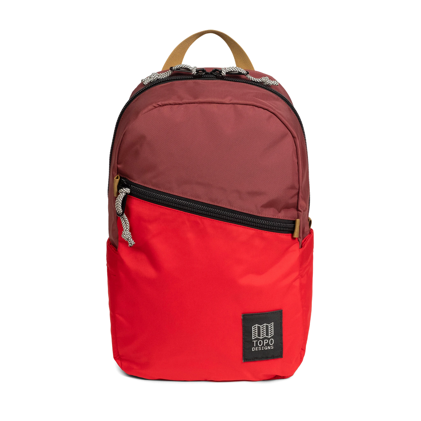Front view of Topo Designs Light Pack in "Maroon / Salsa"