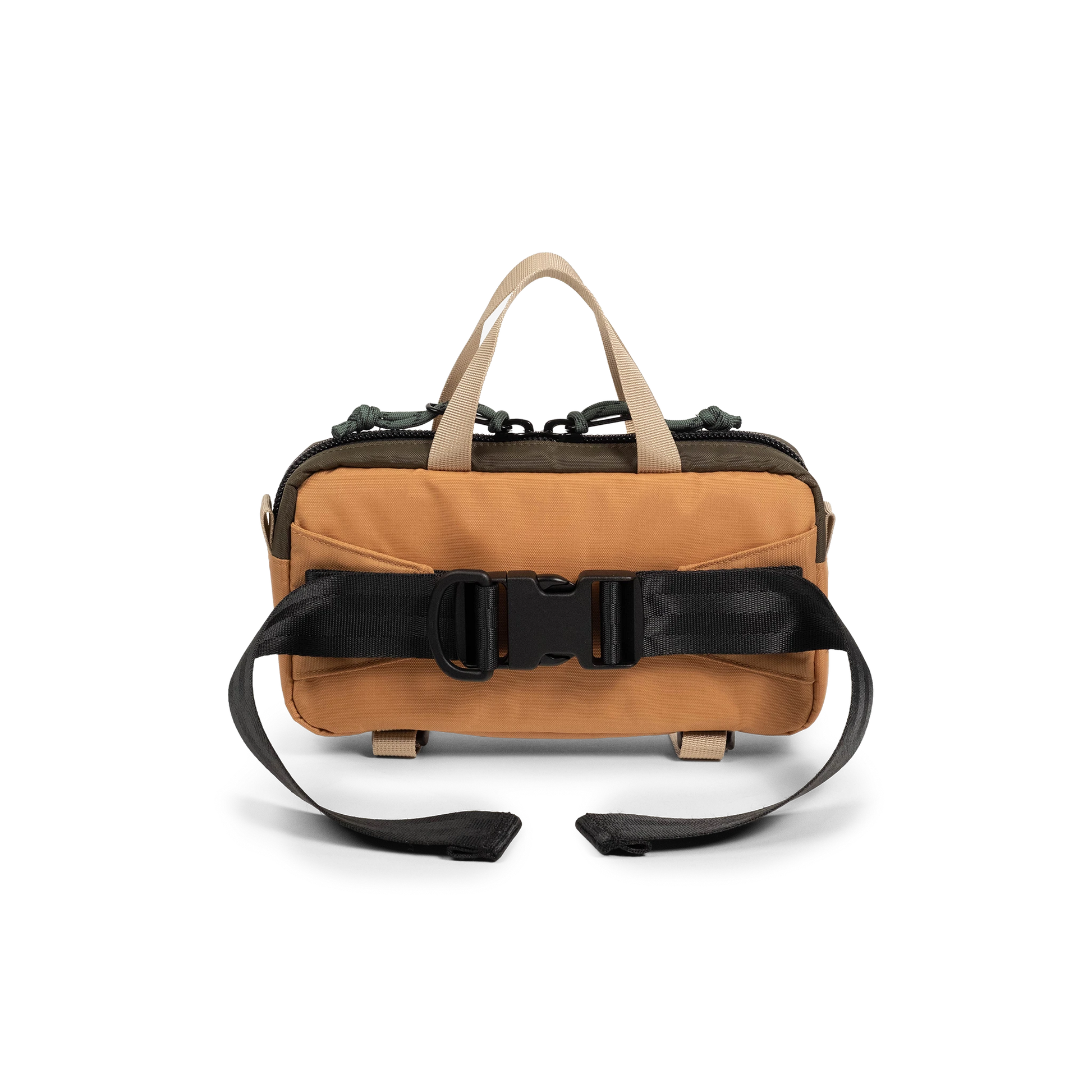 Back view of Topo Designs Mini Quick Pack in "Woodland / Brown Oak"
