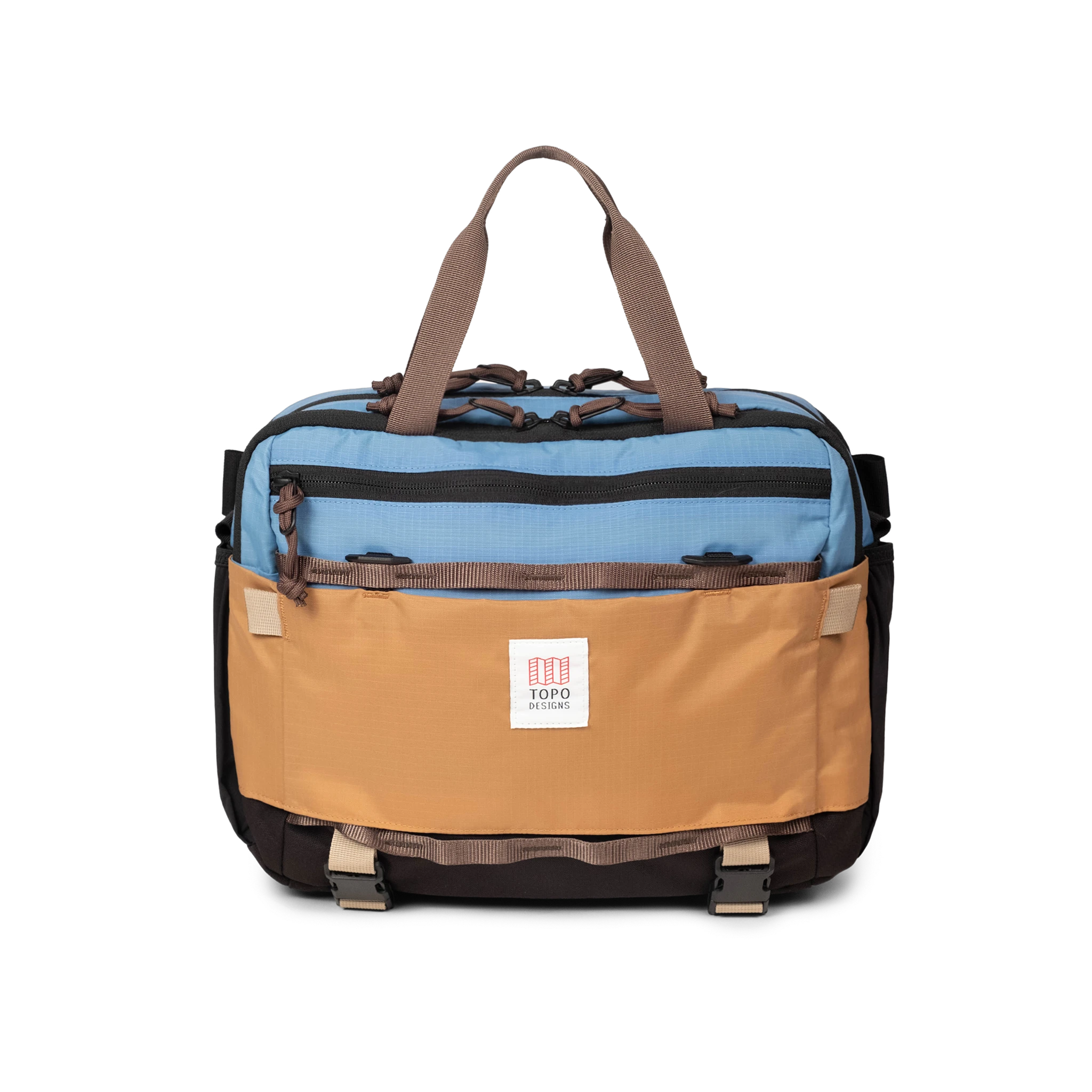 Front View of Topo Designs Mountain Cross Bag in "River Blue / Brown Oak"