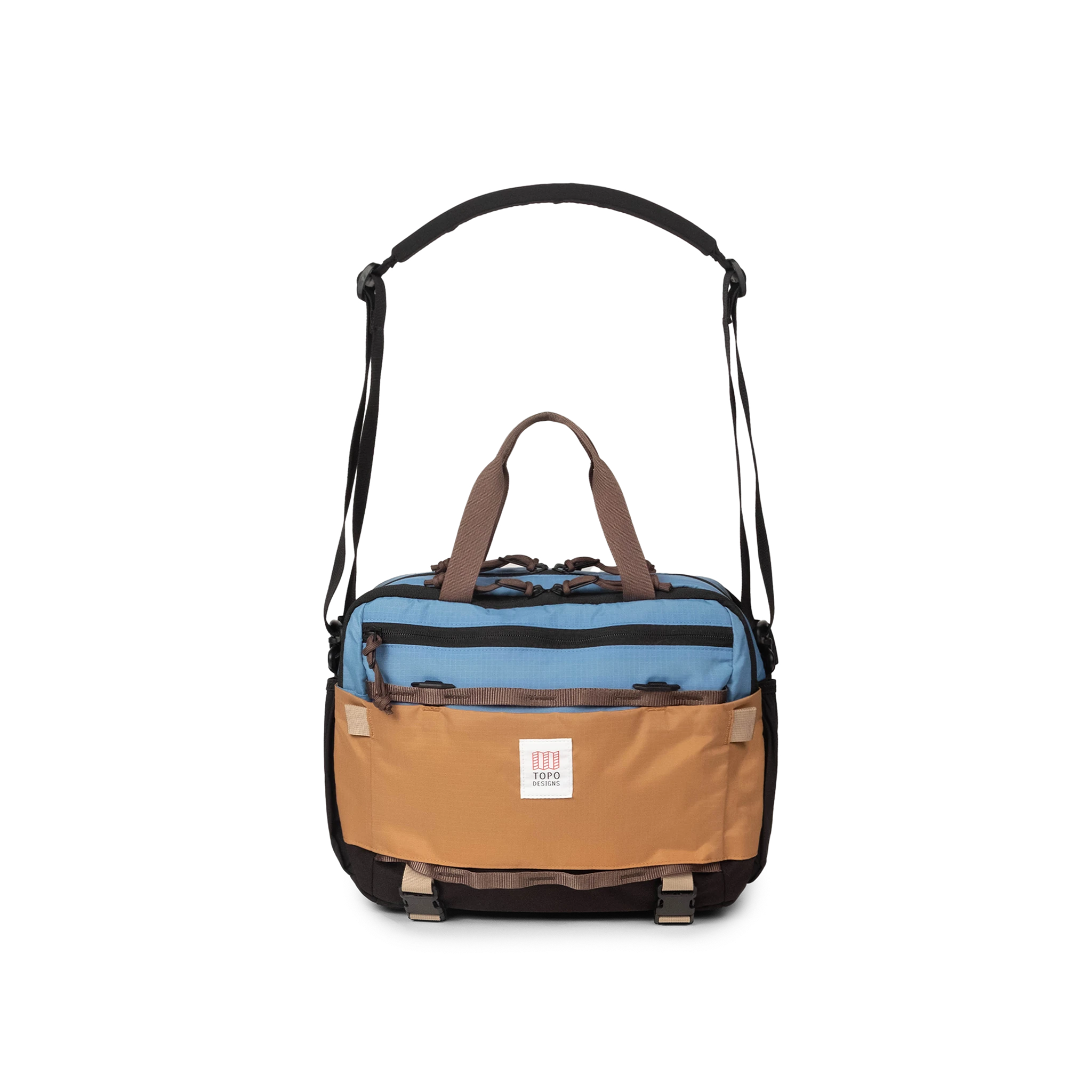 Front View of Topo Designs Mountain Cross Bag in "River Blue / Brown Oak"