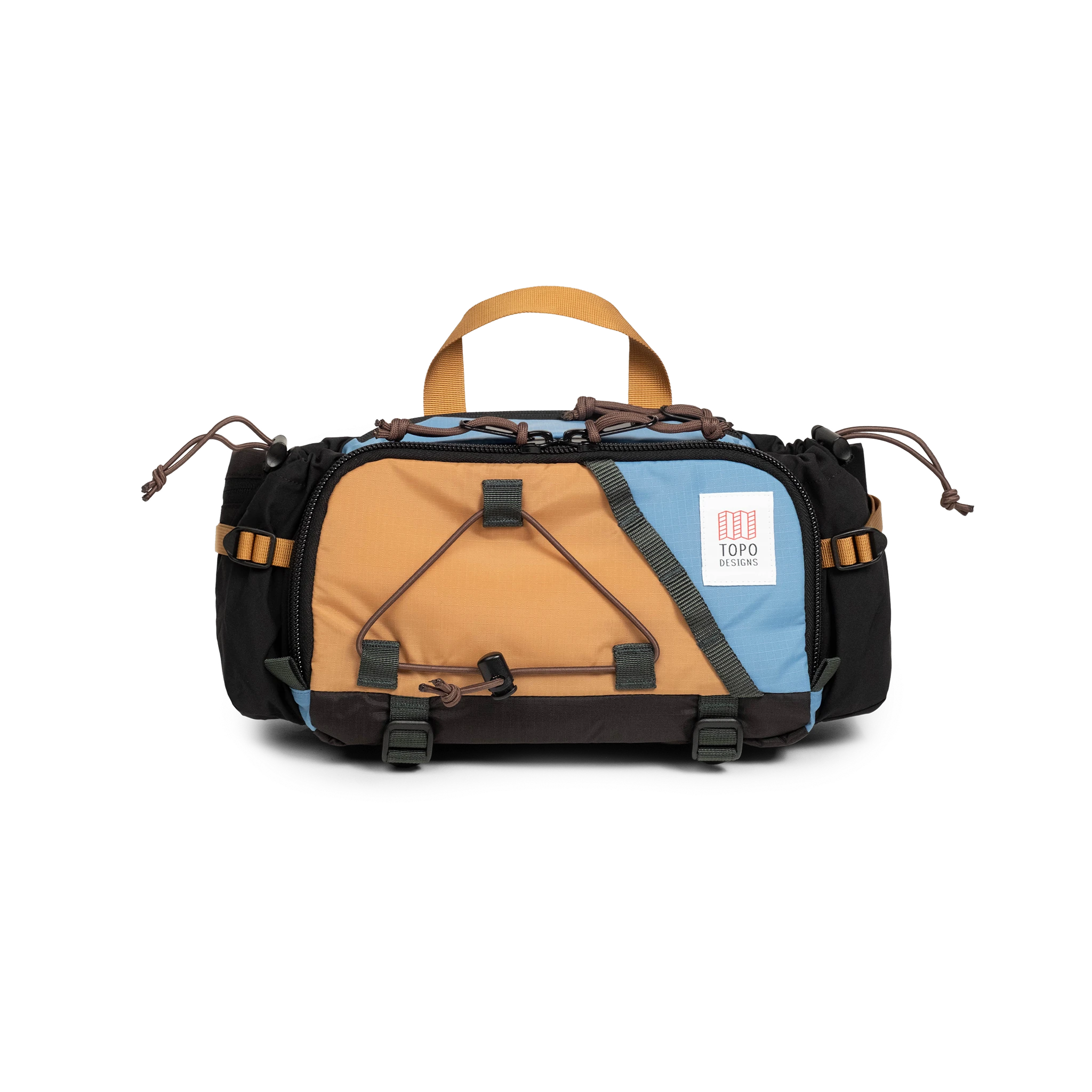Front view of Topo Designs Mountain Hydro Hip Pack in "River Blue / Brown Oak"