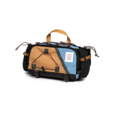 Front view of Topo Designs Mountain Hydro Hip Pack in "River Blue / Brown Oak"