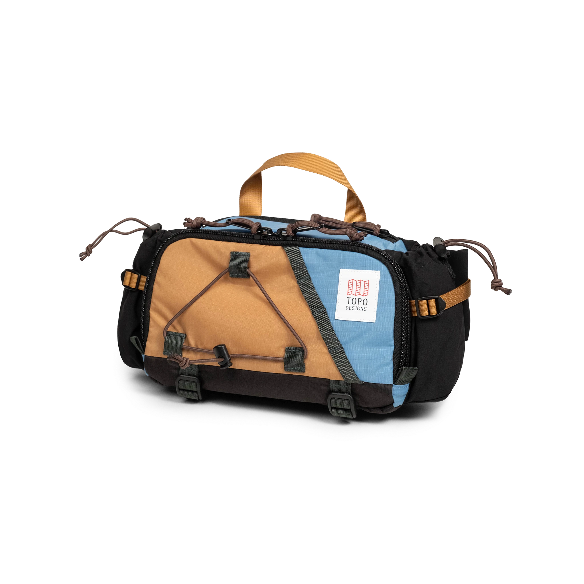 Front view of Topo Designs Mountain Hydro Hip Pack in "River Blue / Brown Oak"