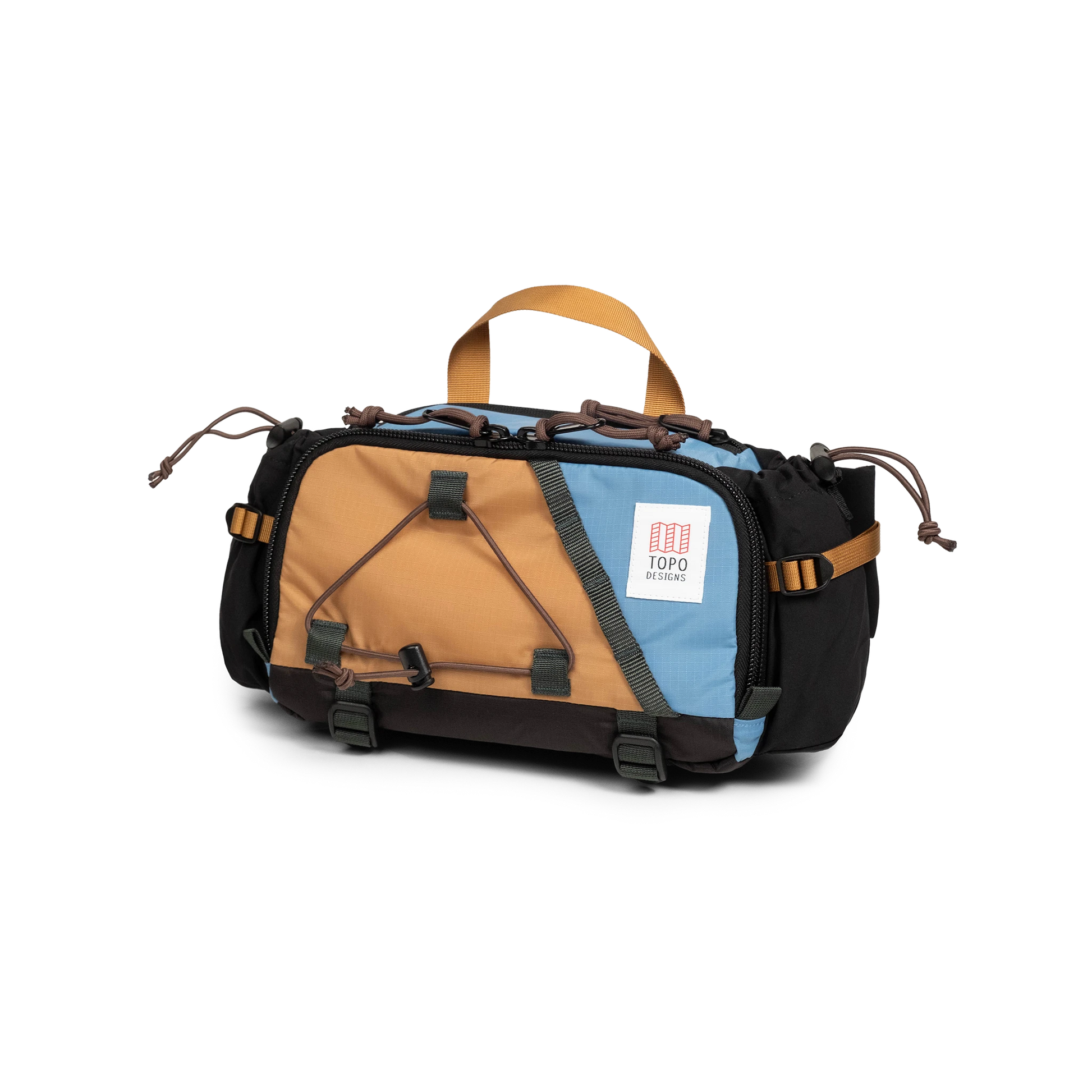Front view of Topo Designs Mountain Hydro Hip Pack in "River Blue / Brown Oak"