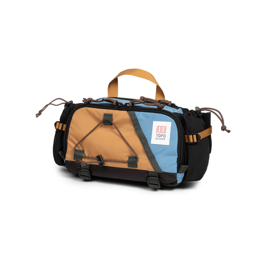 Front view of Topo Designs Mountain Hydro Hip Pack in "River Blue / Brown Oak"