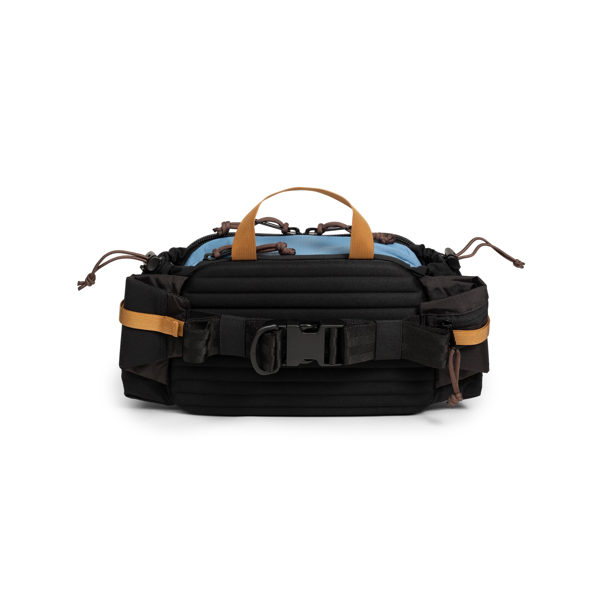 Back view of Topo Designs Mountain Hydro Hip Pack in "River Blue / Brown Oak"