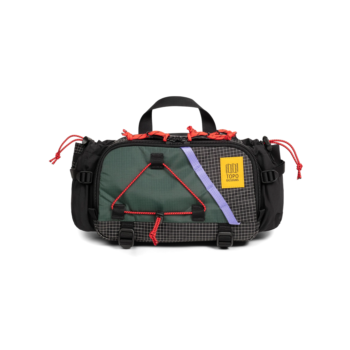 Front view of Topo Designs Mountain Hydro Hip Pack in "Very Peri / Forest"