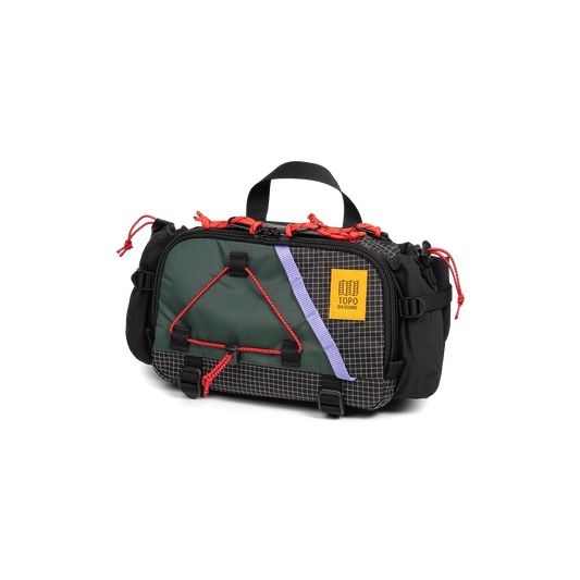 Front view of Topo Designs Mountain Hydro Hip Pack in "Very Peri / Forest"