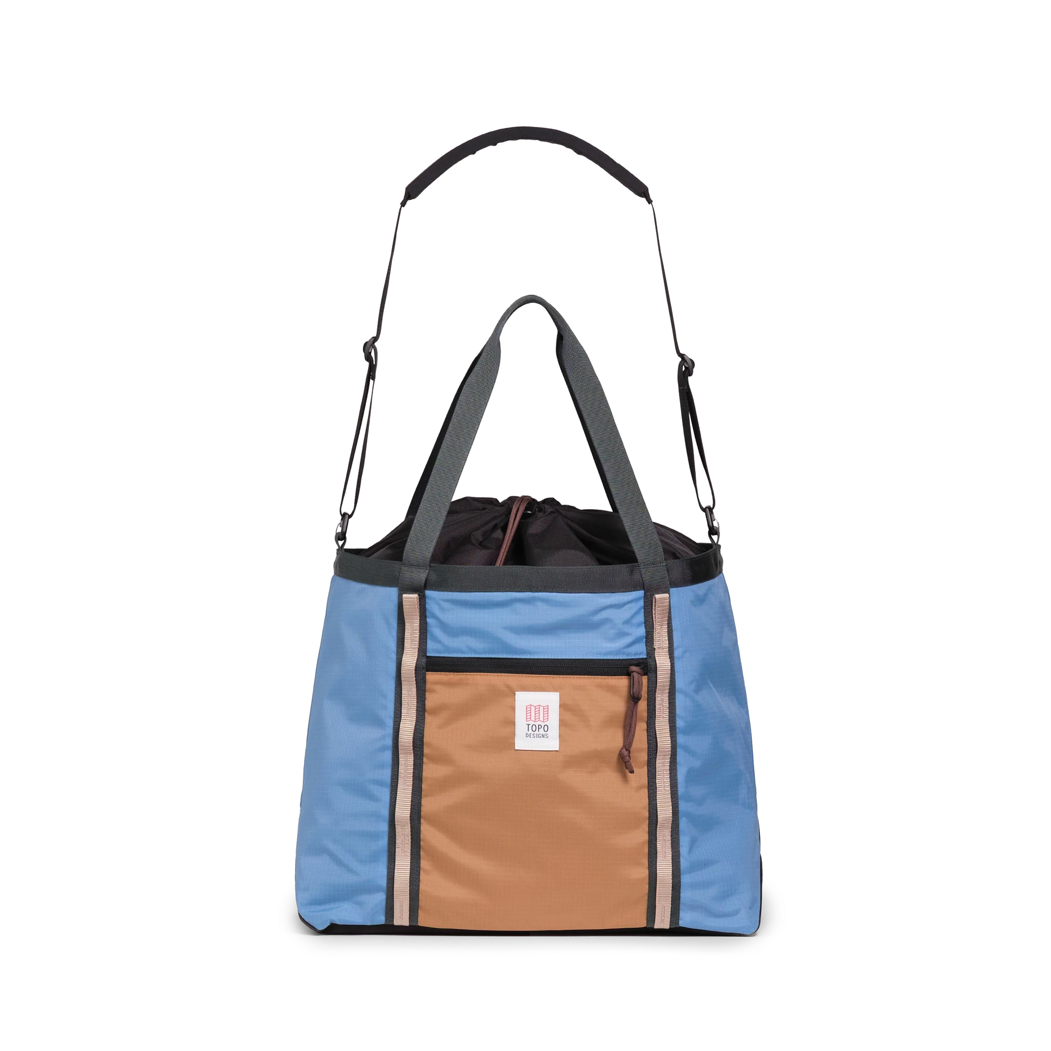 Front View of Topo Designs Mountain Utility Tote in "River Blue / Brown Oak"
