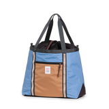 Front View of Topo Designs Mountain Utility Tote in "River Blue / Brown Oak"