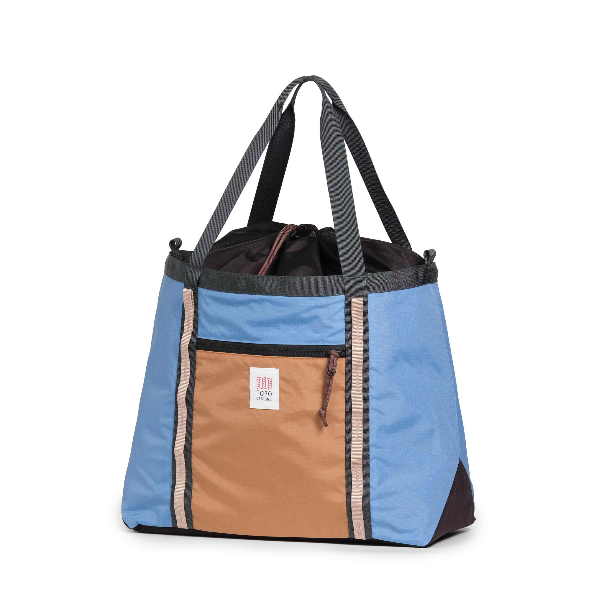 Front View of Topo Designs Mountain Utility Tote in "River Blue / Brown Oak"