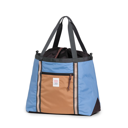 Front View of Topo Designs Mountain Utility Tote in "River Blue / Brown Oak"