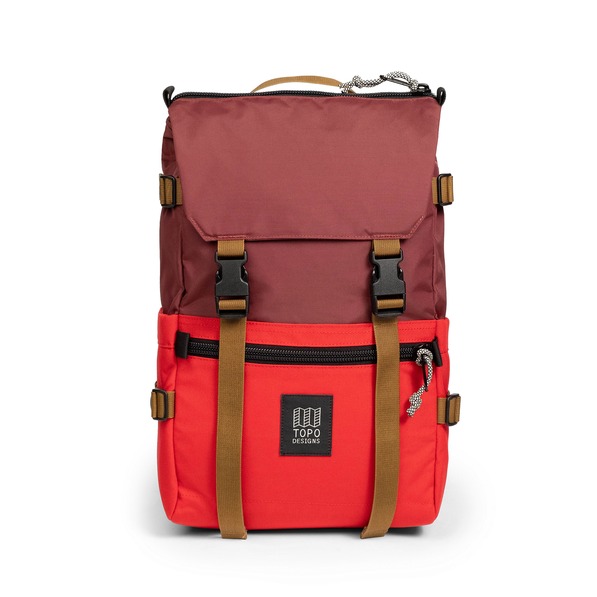Front view of Topo Designs Rover Pack Classic in "Maroon / Salsa"