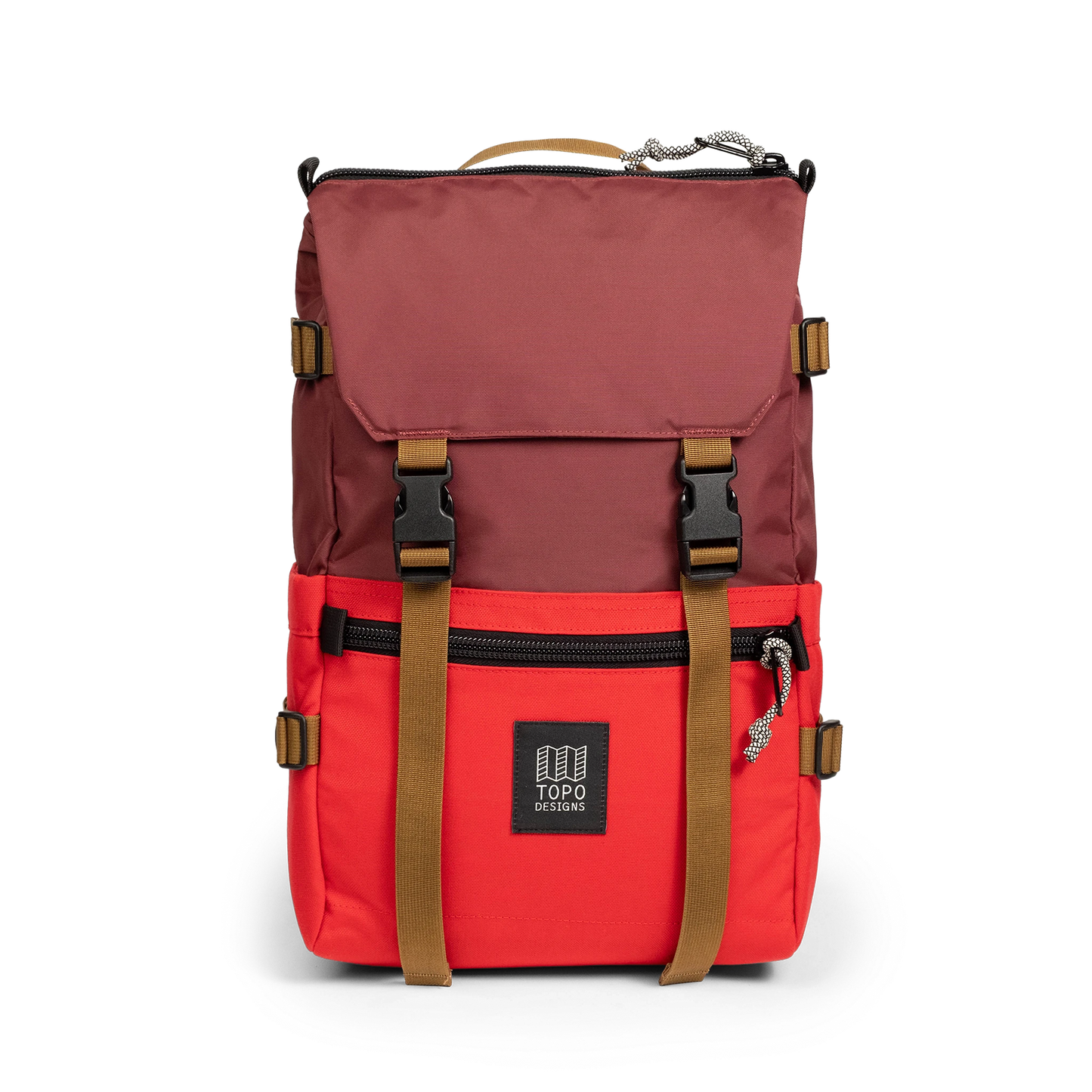 Front view of Topo Designs Rover Pack Classic in "Maroon / Salsa"