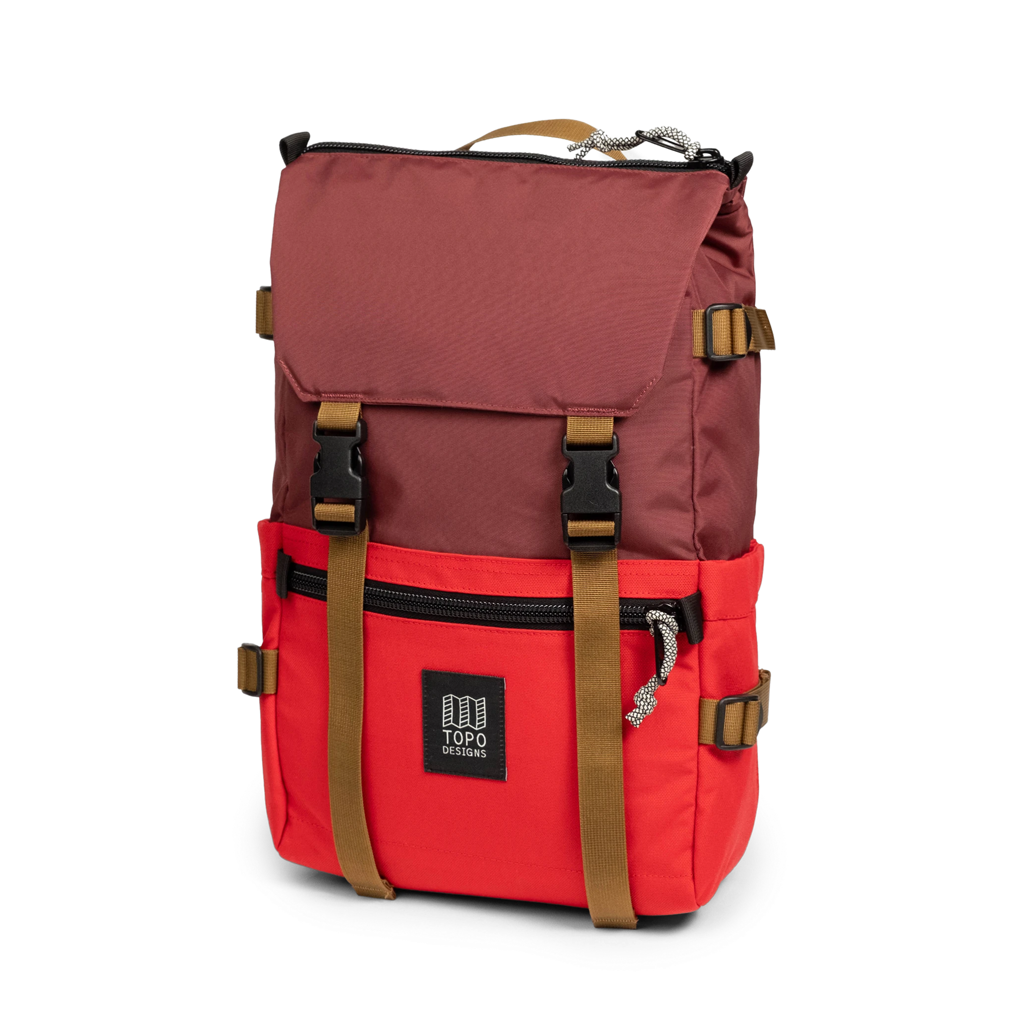 Front quarter view of Topo Designs Rover Pack Classic in "Maroon / Salsa"