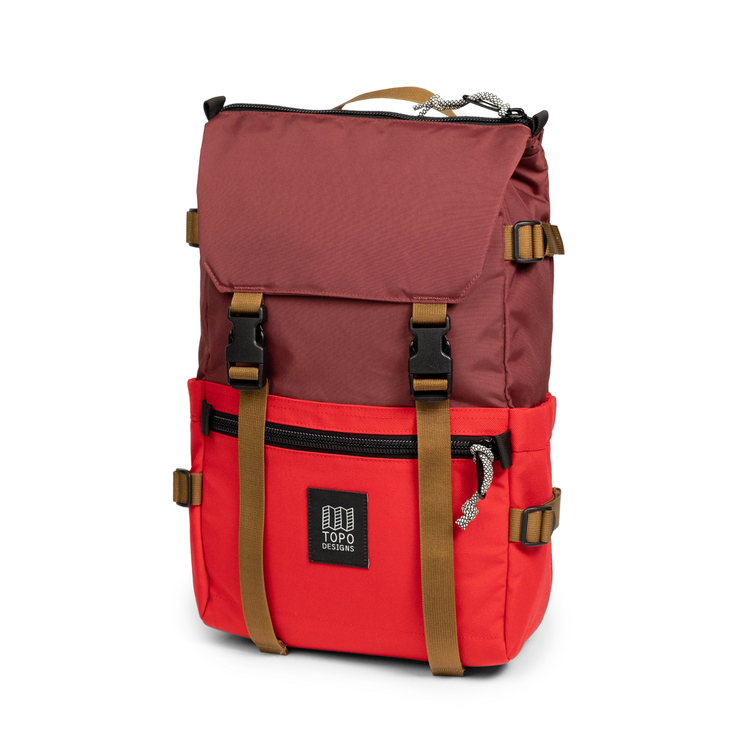 Front quarter view of Topo Designs Rover Pack Classic in "Maroon / Salsa"