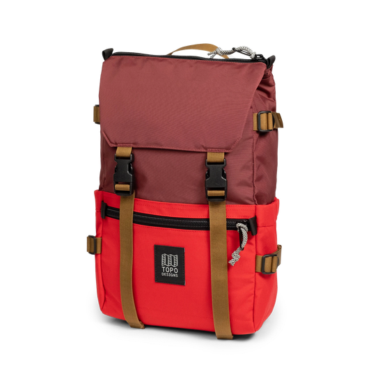 Front quarter view of Topo Designs Rover Pack Classic in "Maroon / Salsa"