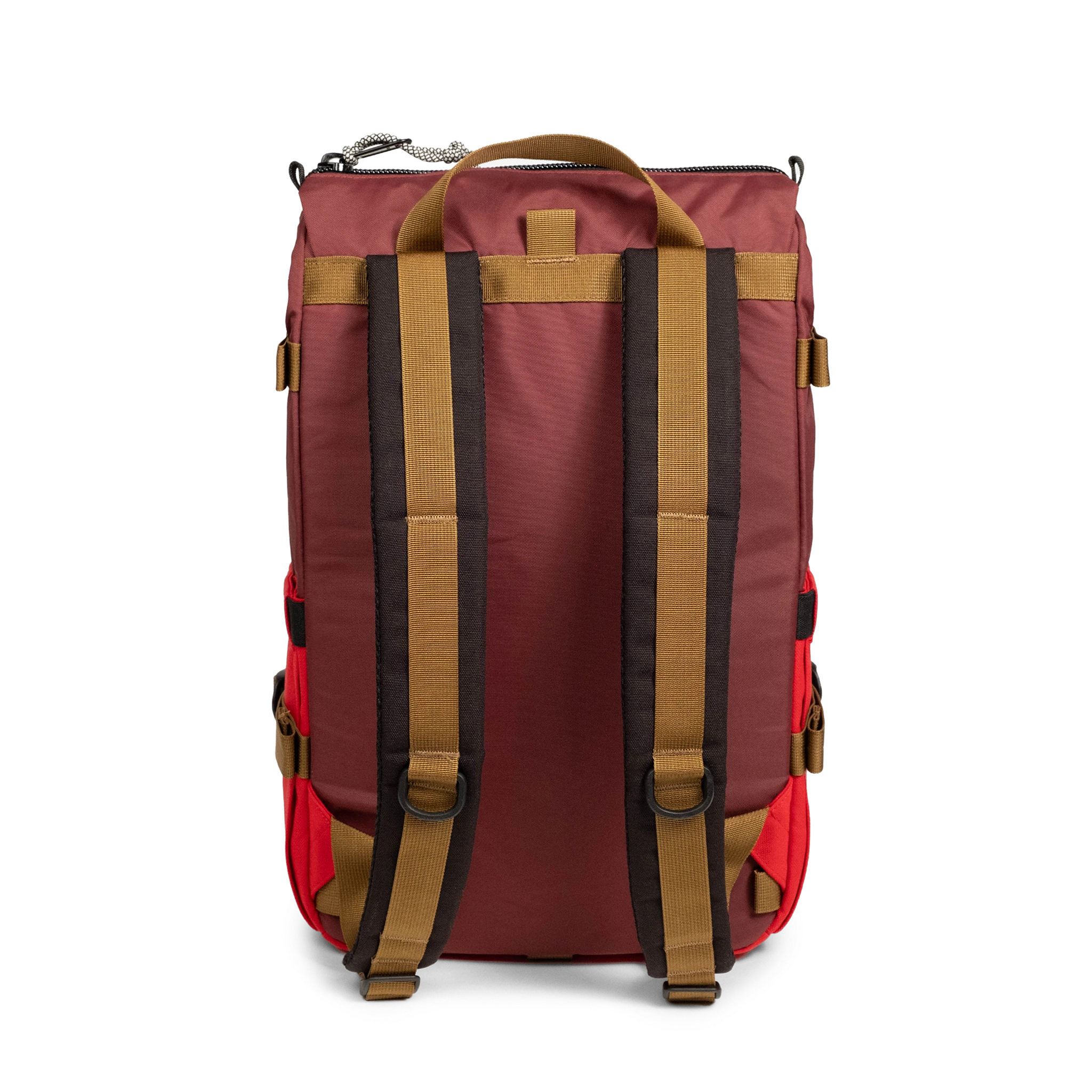 Back view of Topo Designs Rover Pack Classic in "Maroon / Salsa"