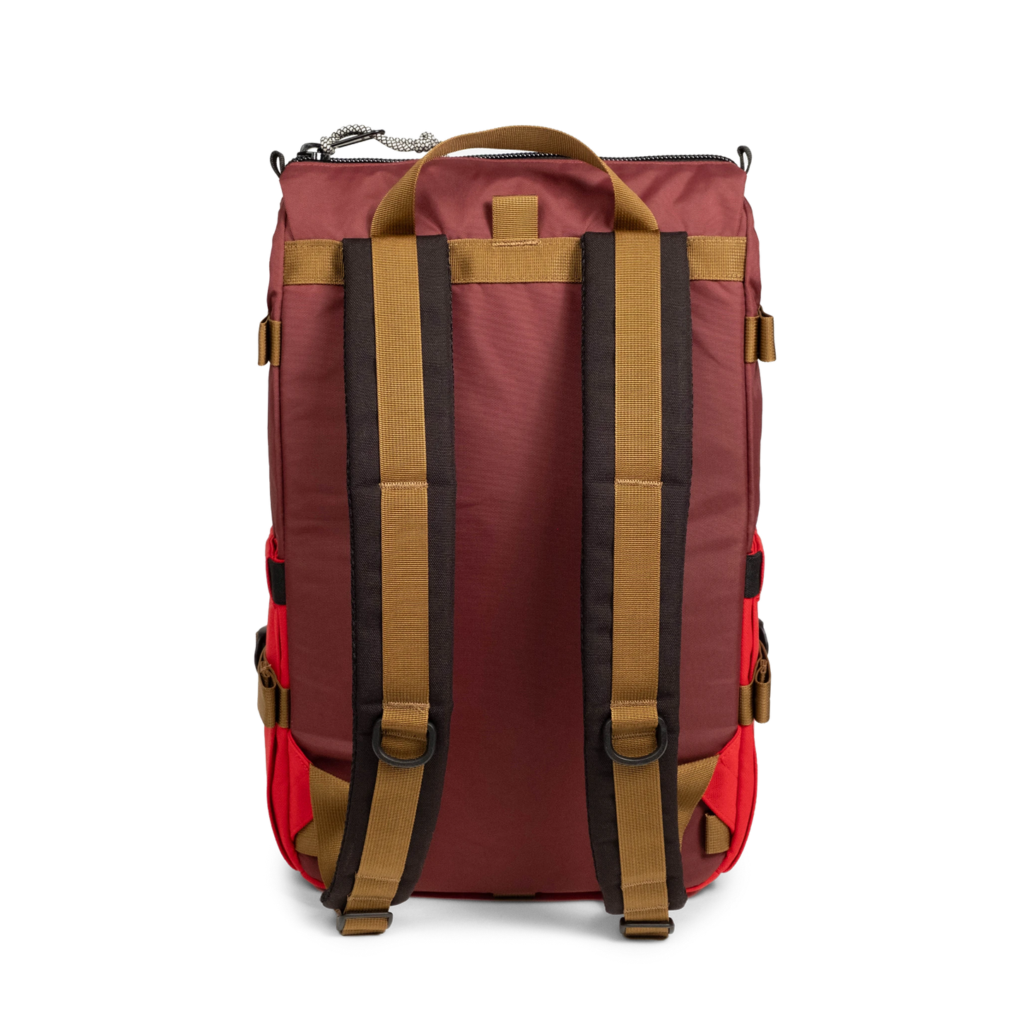 Back view of Topo Designs Rover Pack Classic in "Maroon / Salsa"