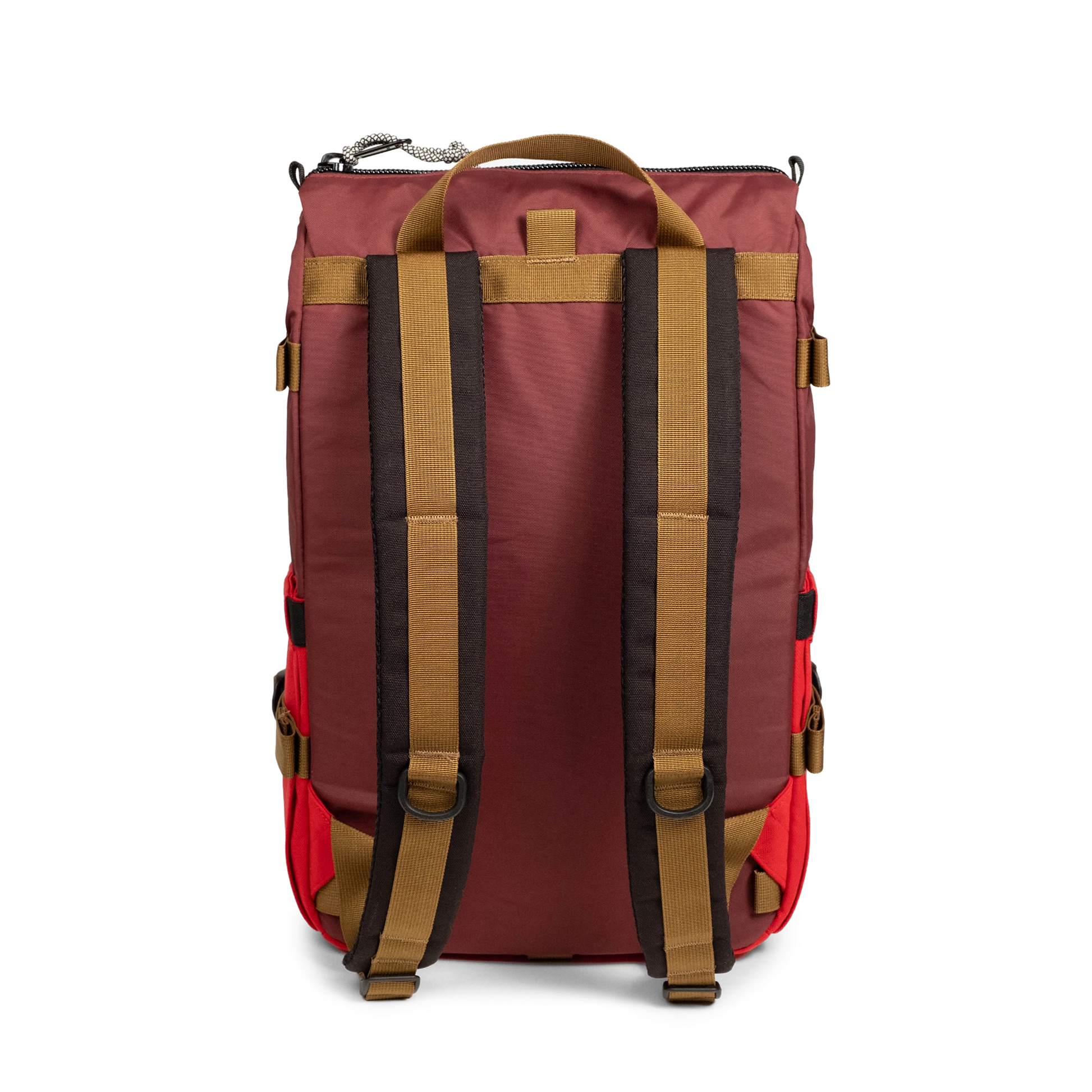 Back view of Topo Designs Rover Pack Classic in "Maroon / Salsa"