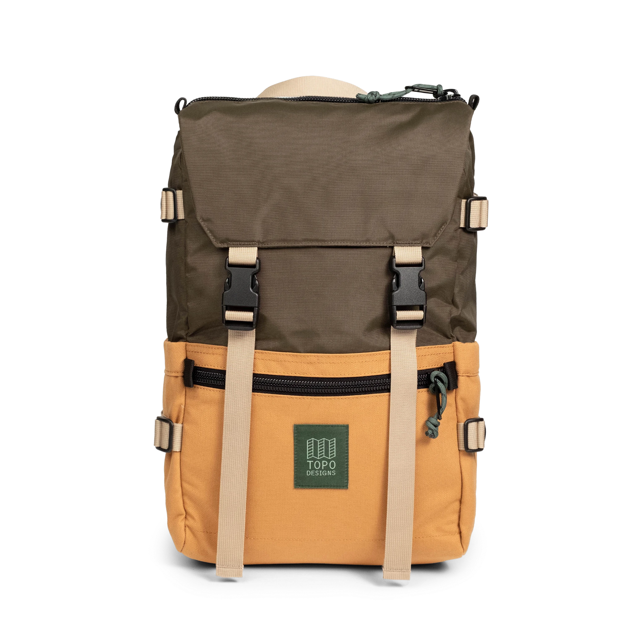 Front View of Topo Designs Rover Pack Classic in "Woodland / Brown Oak"