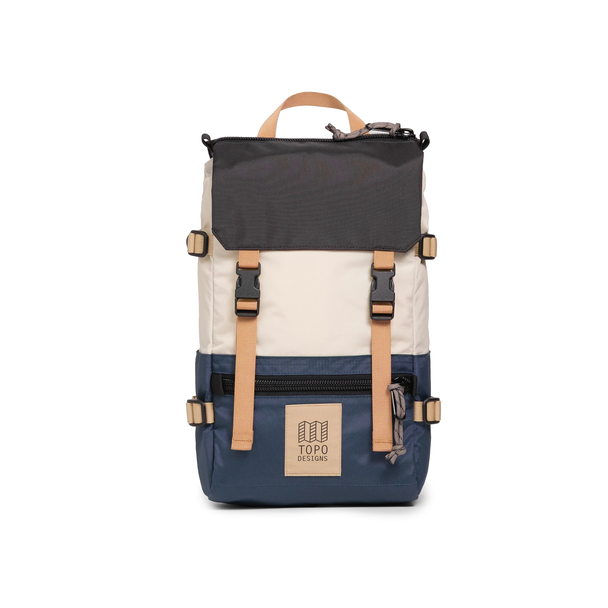 Front View of Topo Designs Rover Pack Mini in "Bone White / Pond Blue"