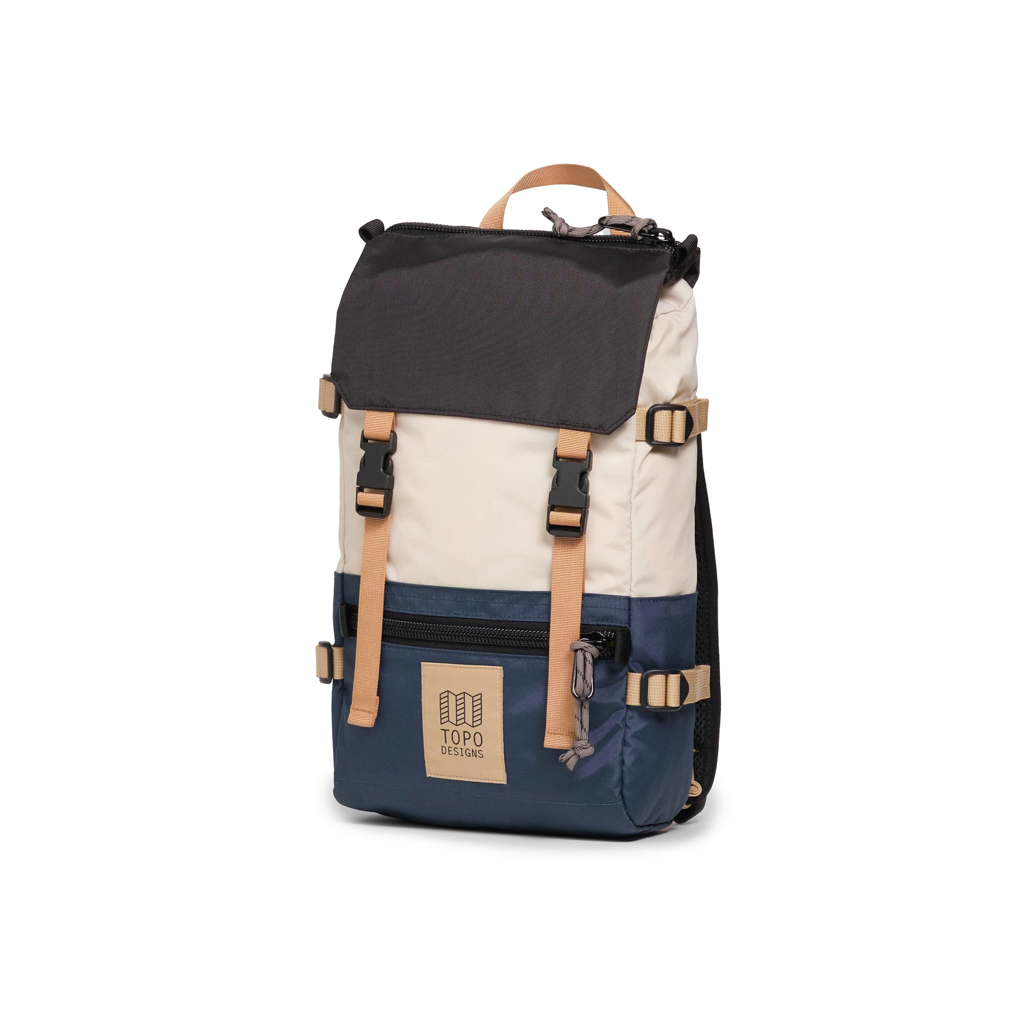 Front View of Topo Designs Rover Pack Mini in "Bone White / Pond Blue"