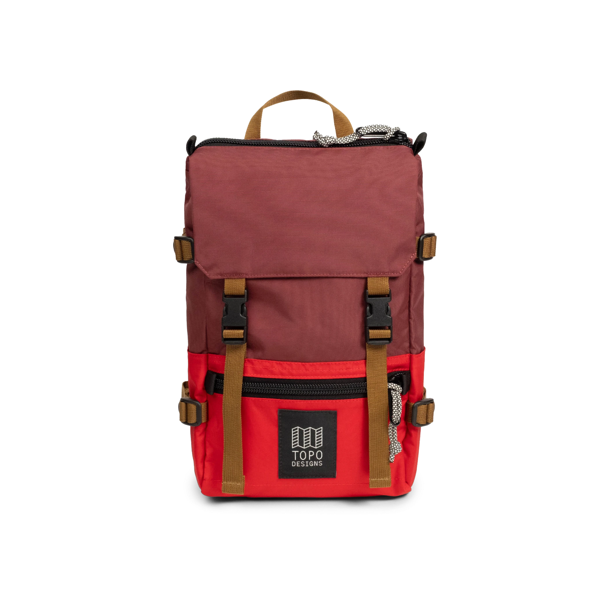 Front View of Topo Designs Rover Pack Mini in "Maroon / Salsa"