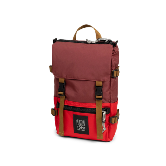 Front View of Topo Designs Rover Pack Mini in "Maroon / Salsa"