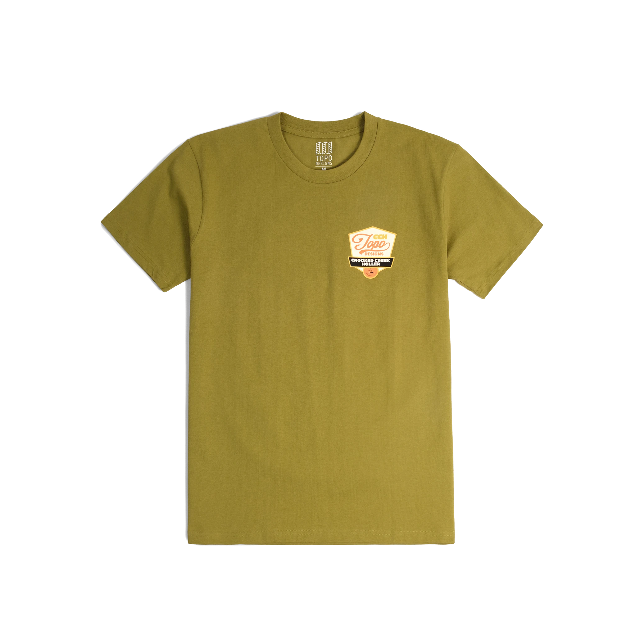 Front shot of Topo Designs x CCH x Pine Printshop Golden Trout Tee in "Moss"