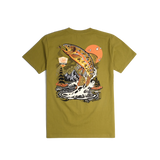 Back shot of Topo Designs x CCH x Pine Printshop Golden Trout Tee in "Moss"