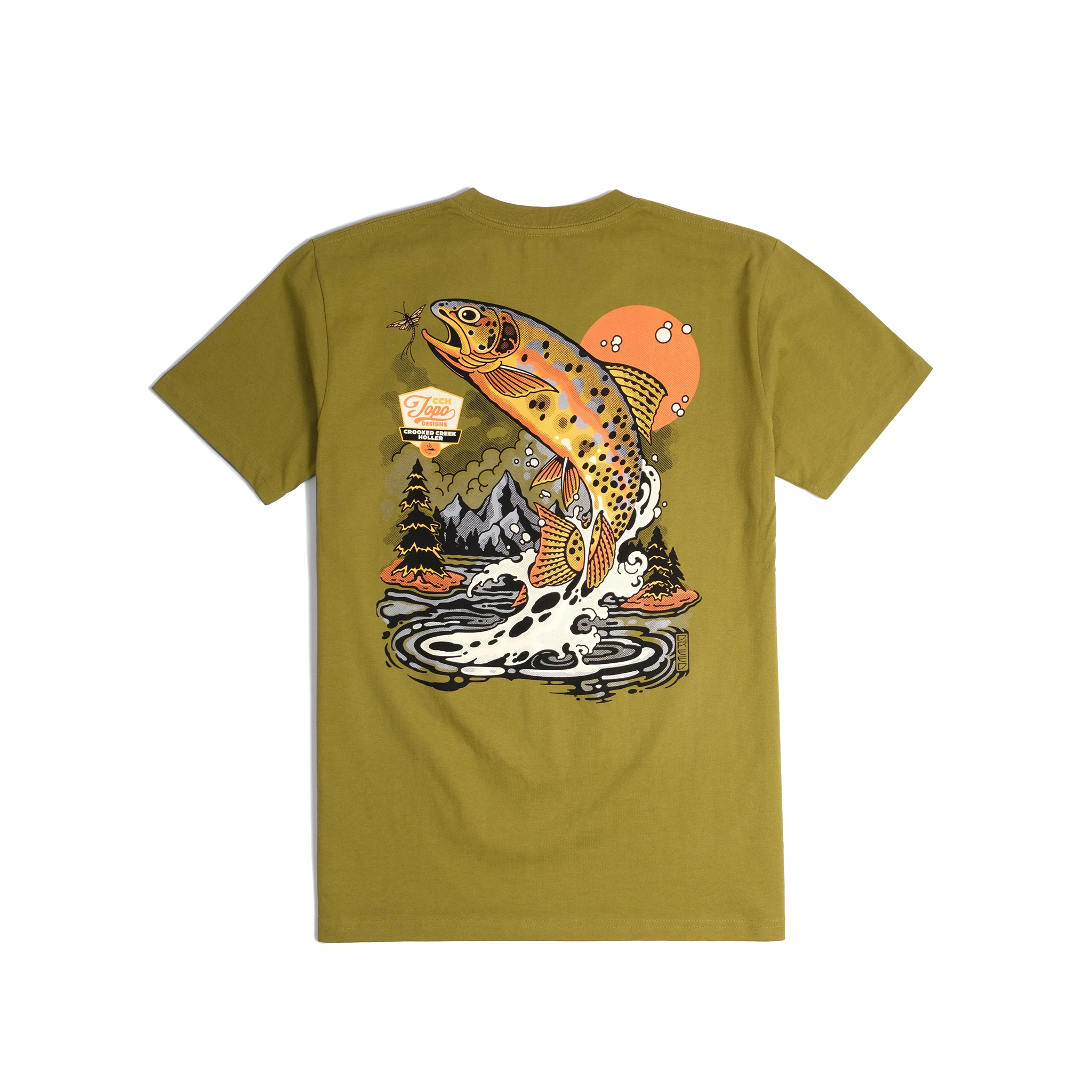 Back shot of Topo Designs x CCH x Pine Printshop Golden Trout Tee in "Moss"