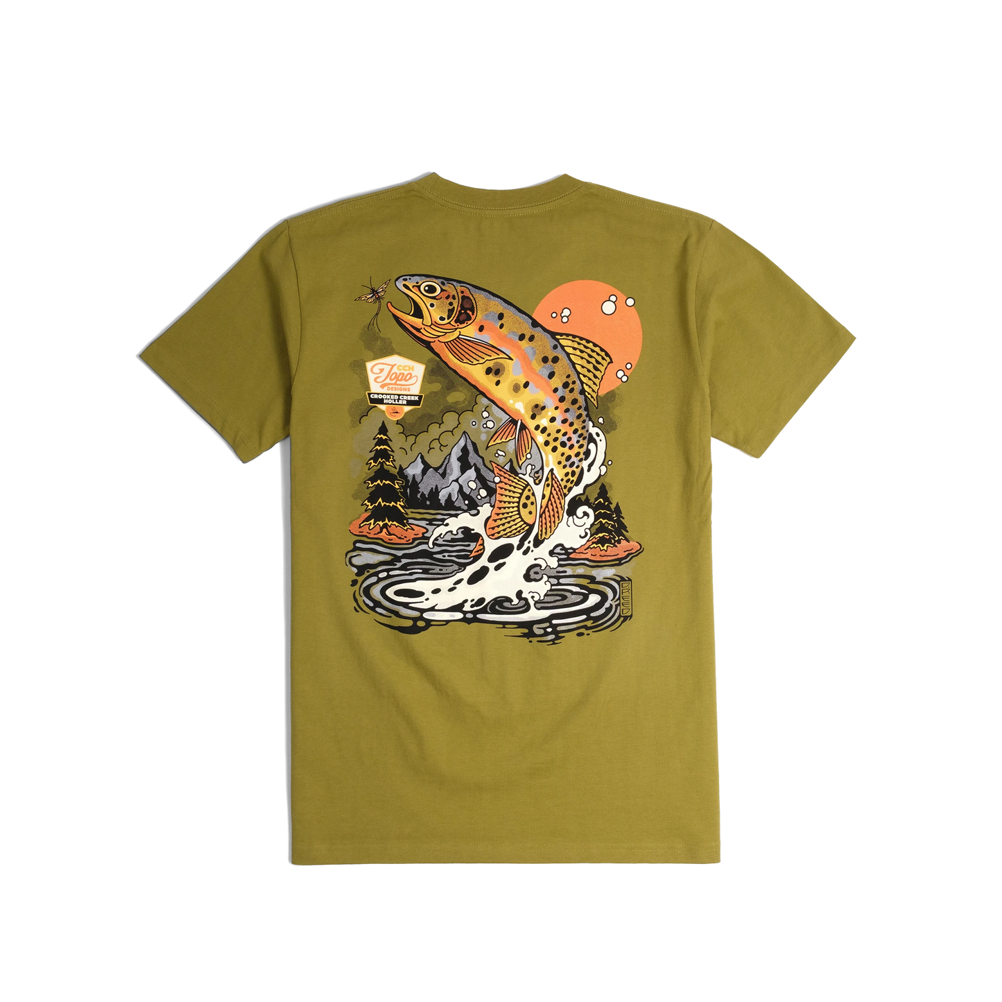 Back shot of Topo Designs x CCH x Pine Printshop Golden Trout Tee in "Moss"