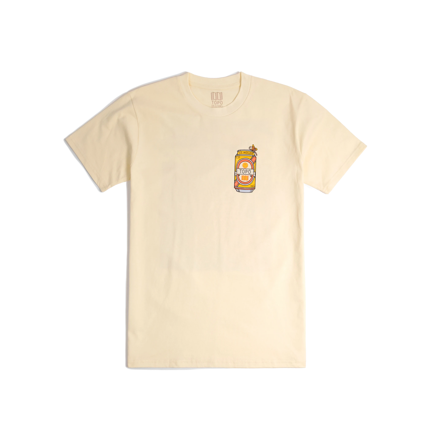 Front shot of Topo Designs x CCH x Pine Printshop Urban Angler Tee in "Butter"