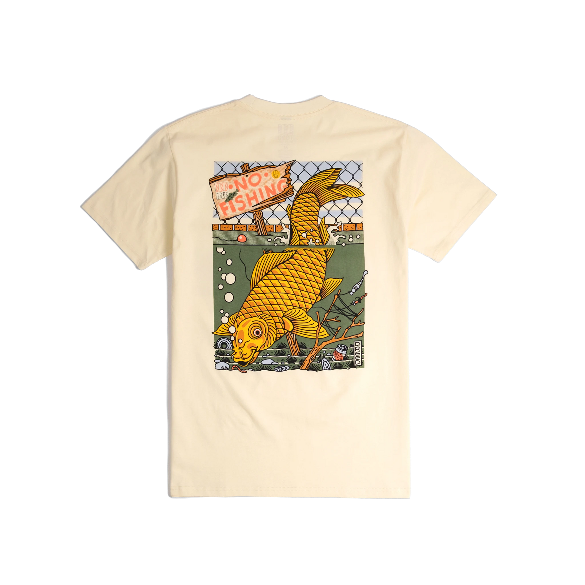 Back shot of Topo Designs x CCH x Pine Printshop Urban Angler Tee in "Butter"