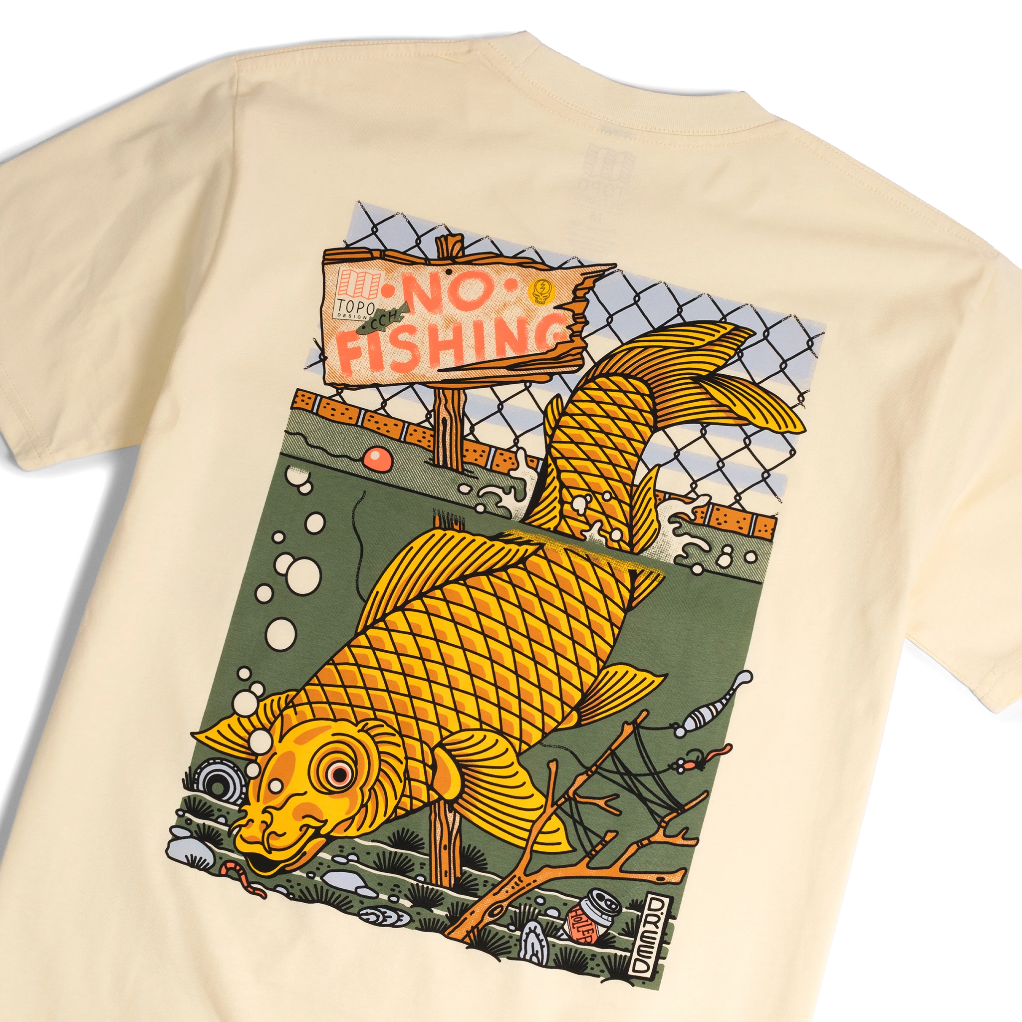 Back detail shot of Topo Designs x CCH x Pine Printshop Urban Angler Tee in "Butter"