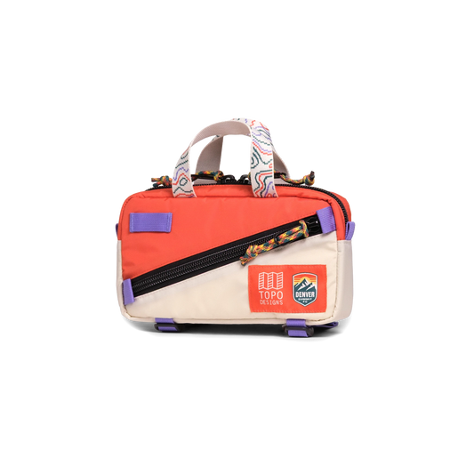 Front quarter shot of Topo Designs x Denver Summit Mini Quick Pack in "Sandstone / Bone White"