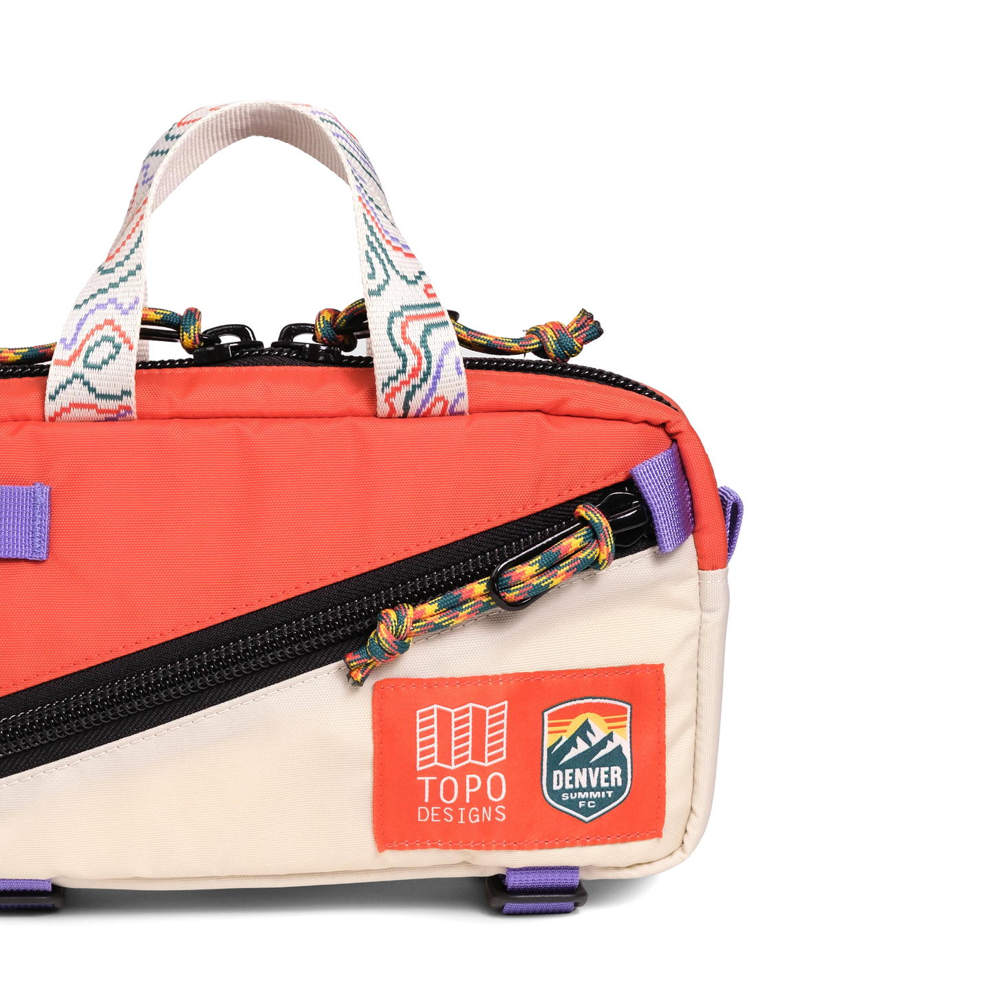 Front detail shot of Topo Designs x Denver Summit Mini Quick Pack in "Sandstone / Bone White"