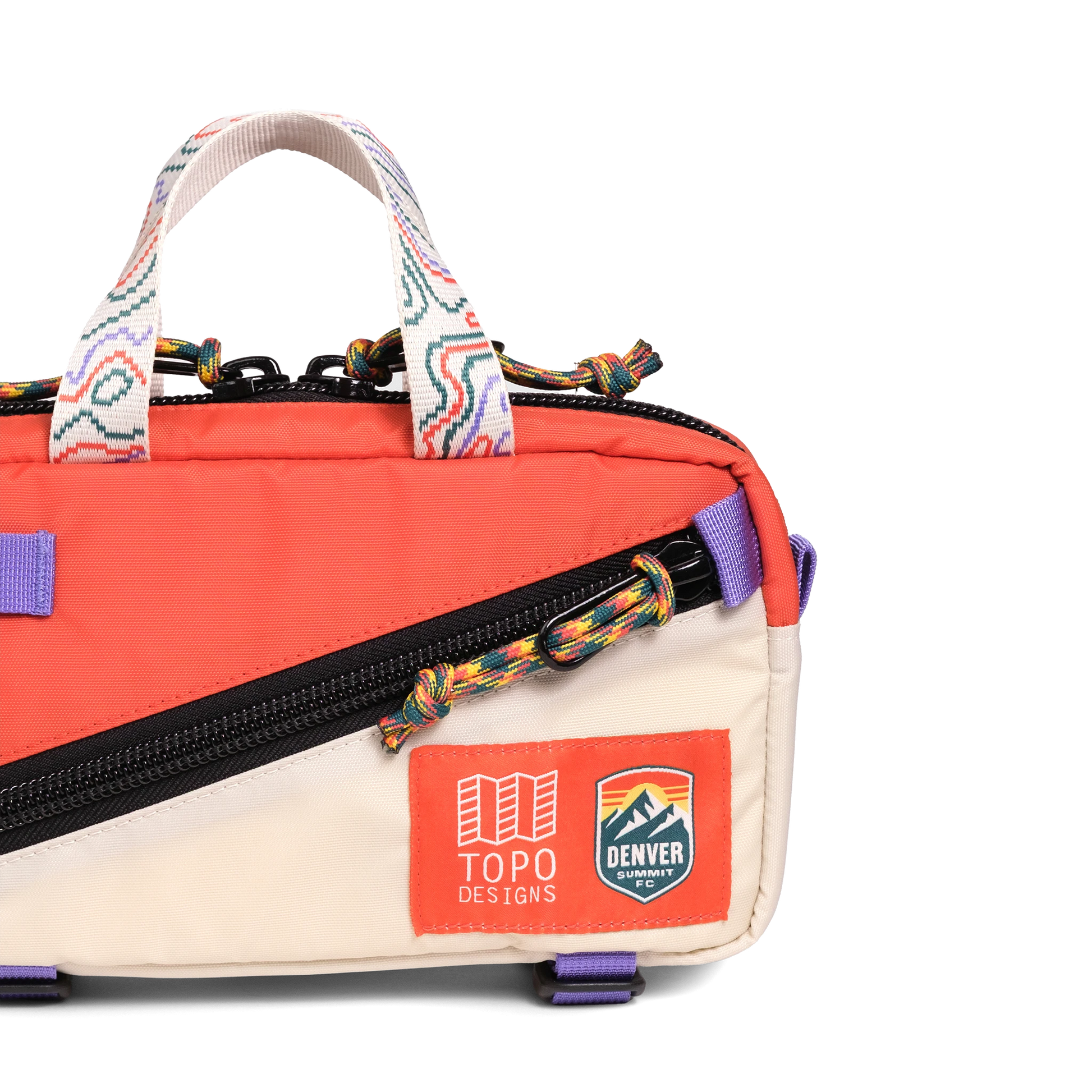 Front detail shot of Topo Designs x Denver Summit Mini Quick Pack in "Sandstone / Bone White"