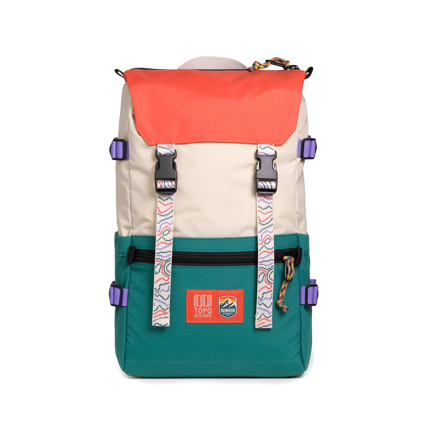 Front shot of Topo Designs x Denver Summit Rover Pack Classic in "Sandstone / Bone White"