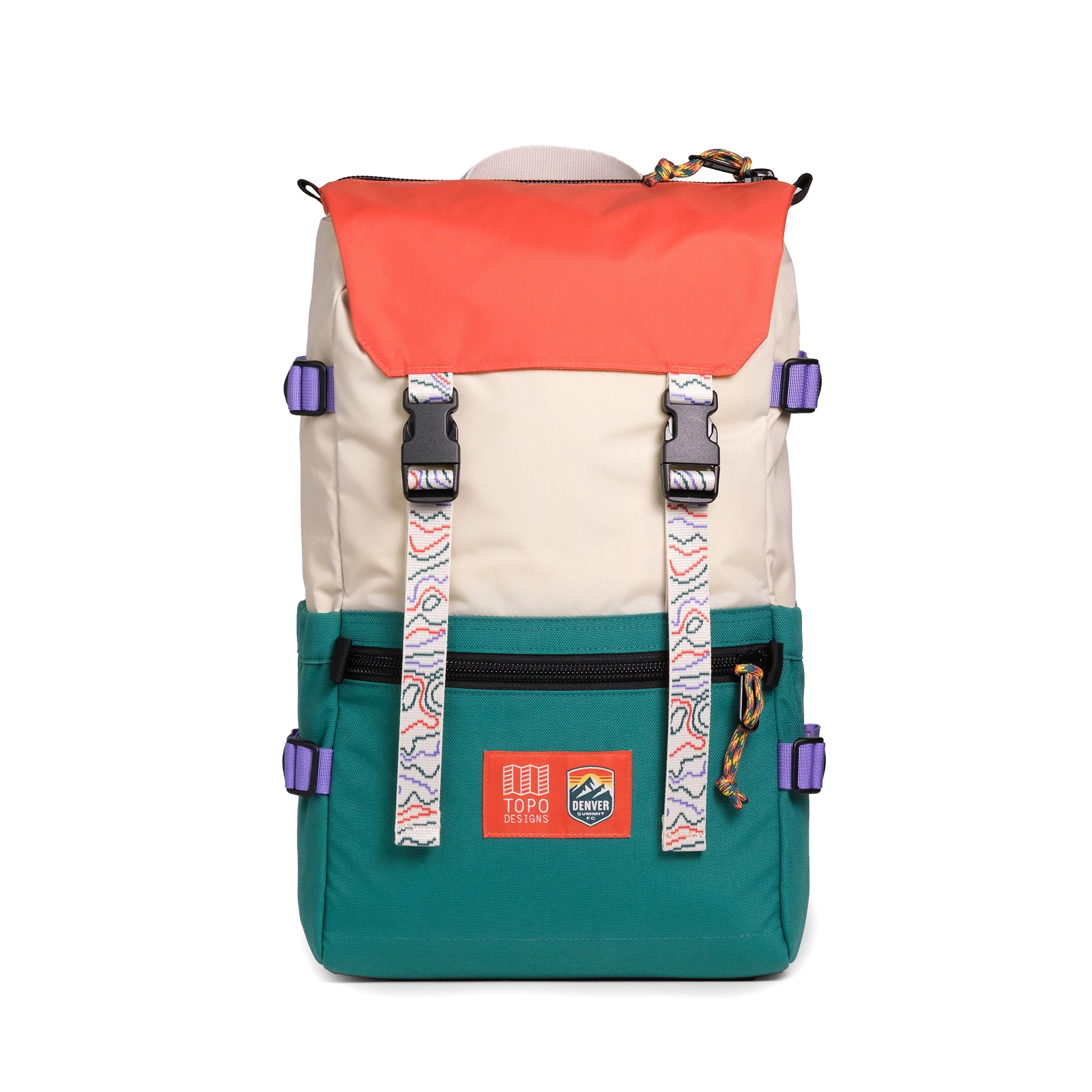 Front shot of Topo Designs x Denver Summit Rover Pack Classic in "Sandstone / Bone White"