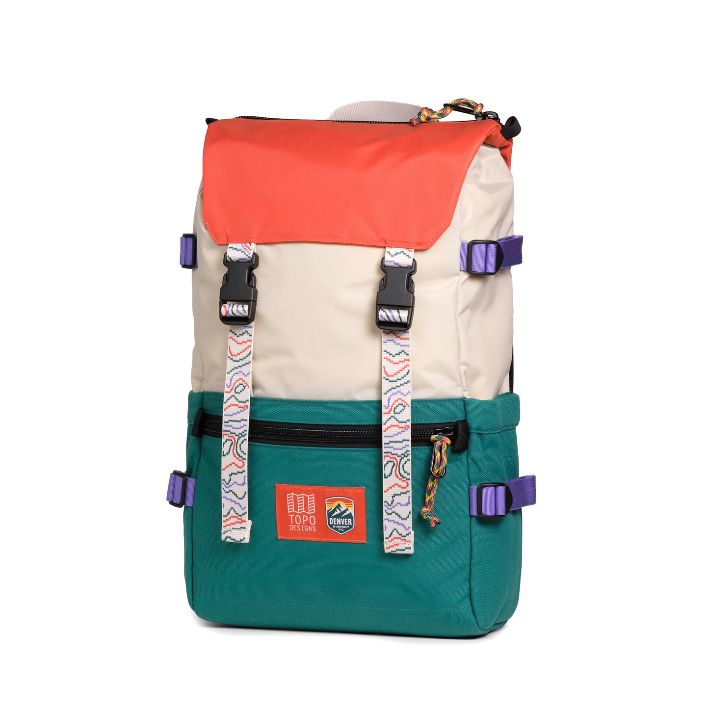 Front quarter shot of Topo Designs x Denver Summit Rover Pack Classic "Sandstone / Bone White"