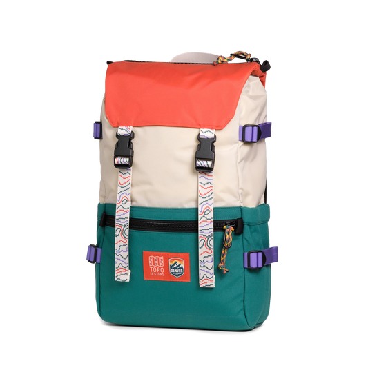 Front quarter shot of Topo Designs x Denver Summit Rover Pack Classic "Sandstone / Bone White"