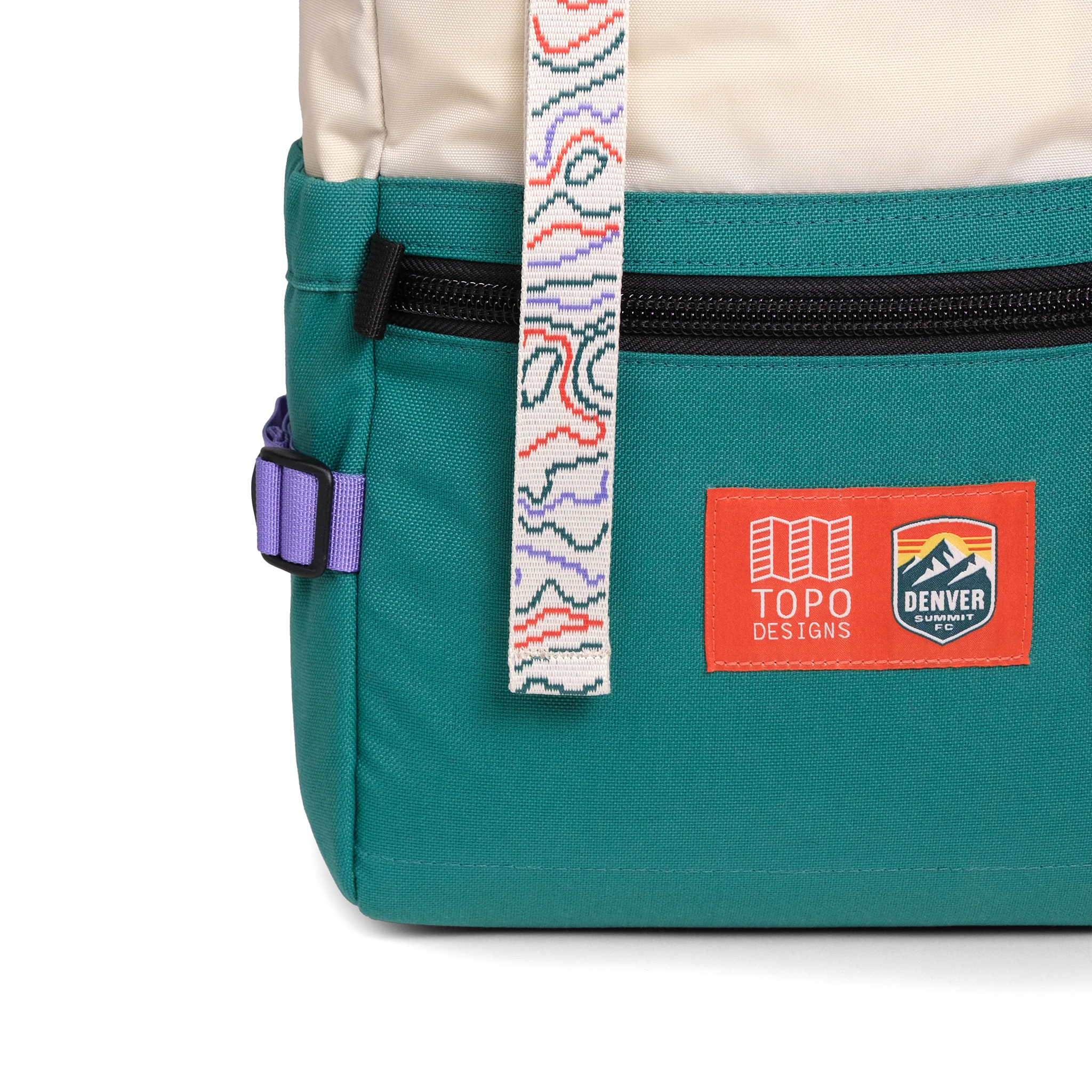 Front detail shot of Topo Designs x Denver Summit Rover Pack Classic "Sandstone / Bone White"