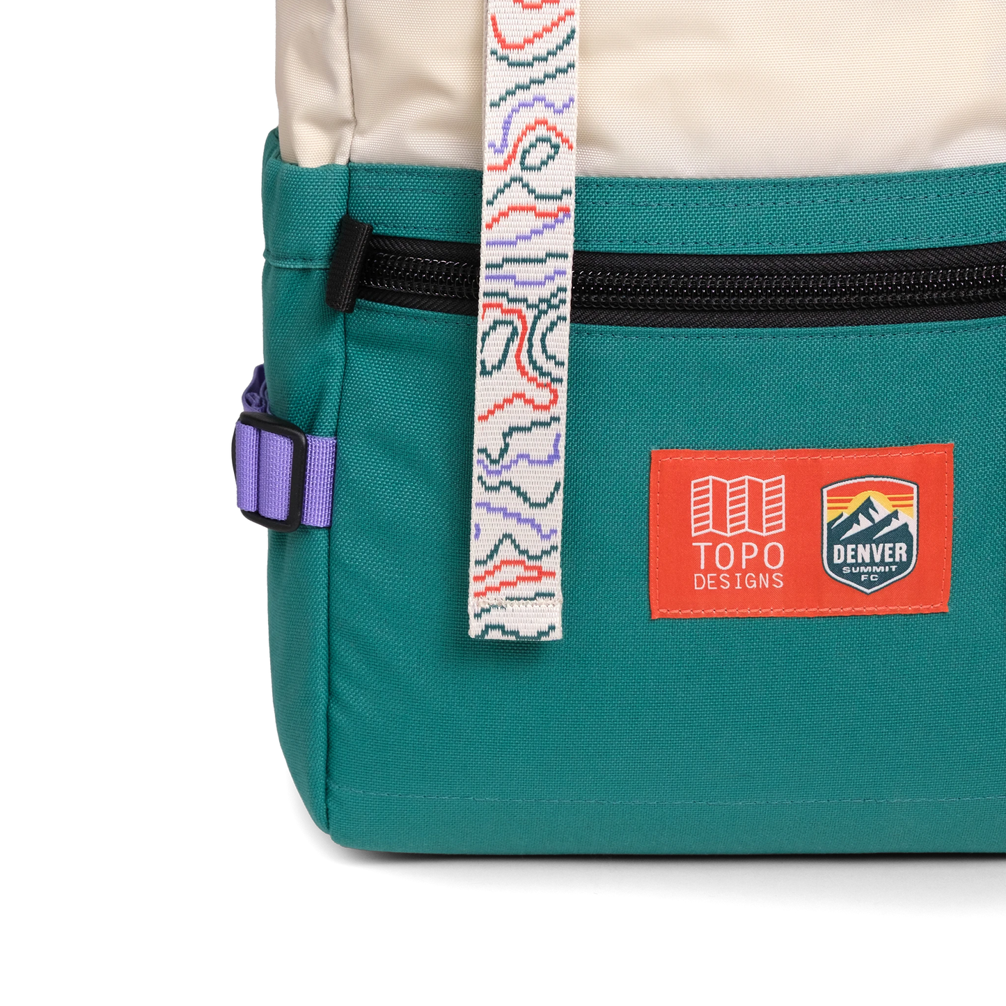 Front detail shot of Topo Designs x Denver Summit Rover Pack Classic "Sandstone / Bone White"